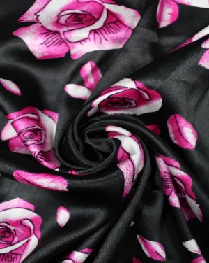 Black And Purple White Floral Print Polyester Satin Fabric