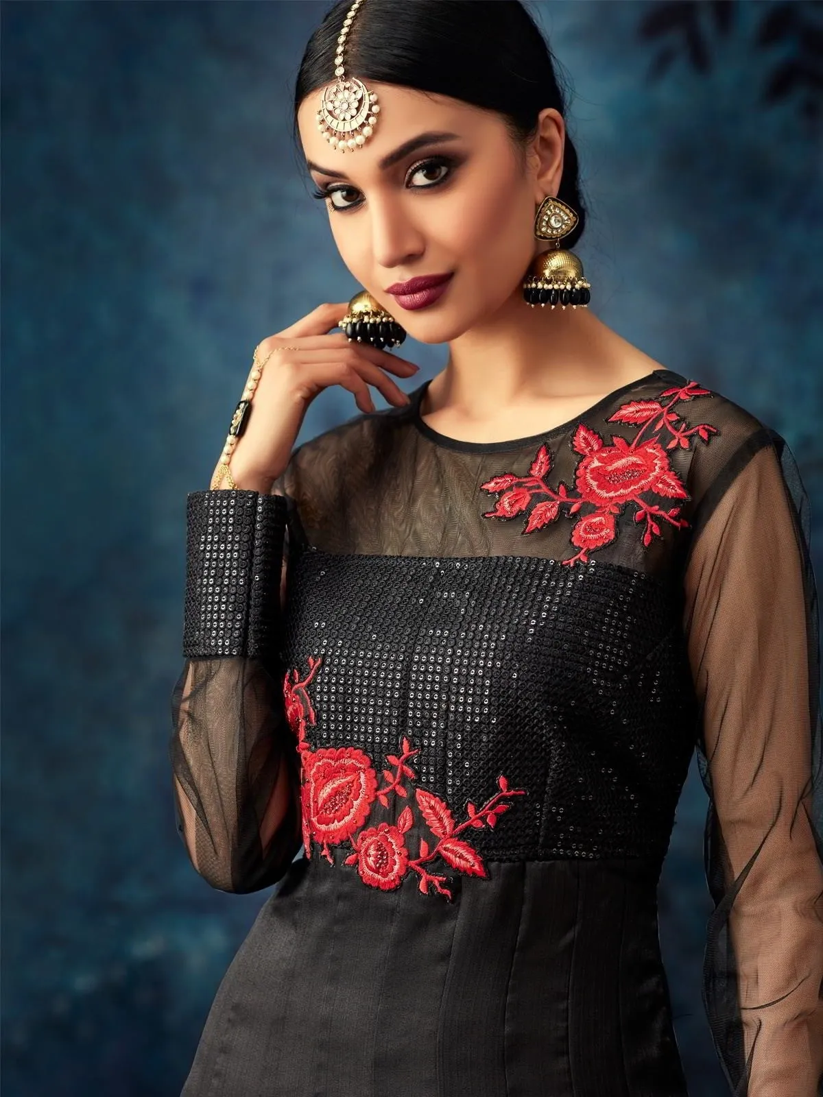 Black And Red Embroidered Silk Anarkali Suit