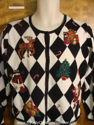 Black and White Argyle Ugly Christmas Sweater