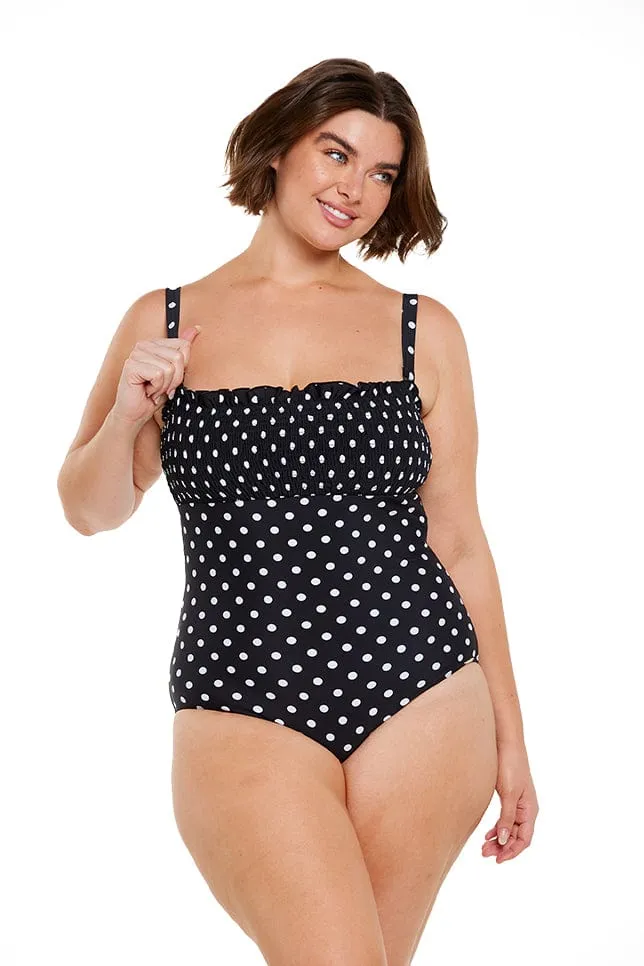 Black and White Dots Shirred One Piece