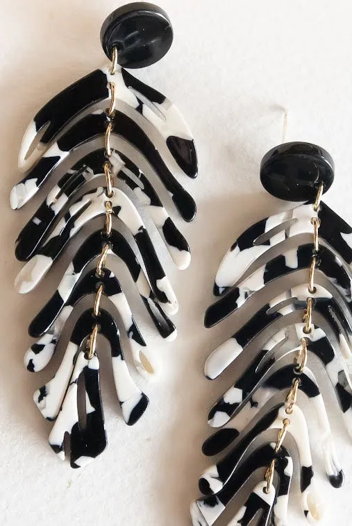 Black and White Marble Dangle | Monstera Leaf Earrings