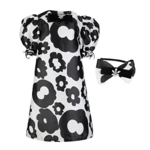 BLACK AND WHITE MIKADO DRESS WITH HAIRBOW