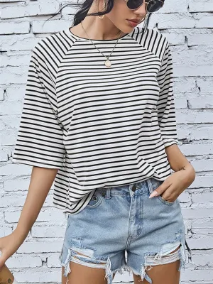 Black and White Striped Round Neck Raglan Short Sleeve T-Shirt Women's Fashion