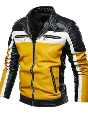 Black and Yellow Biker Camber Leather Jacket