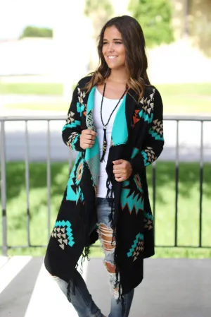 Black Aztec Cardigan with Fringe