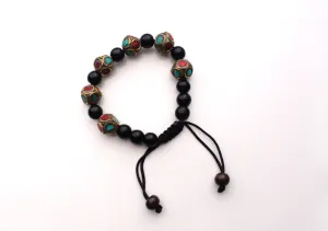 Black Beads Wrist Mala with Octagonal Tibetan Beads