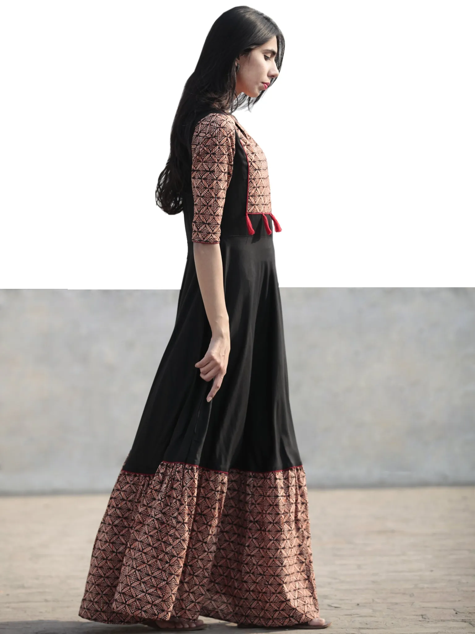 Black Beige Red Orange Hand Blocked Long Cotton And Rayon Dress With Tassel Details - D181F1075