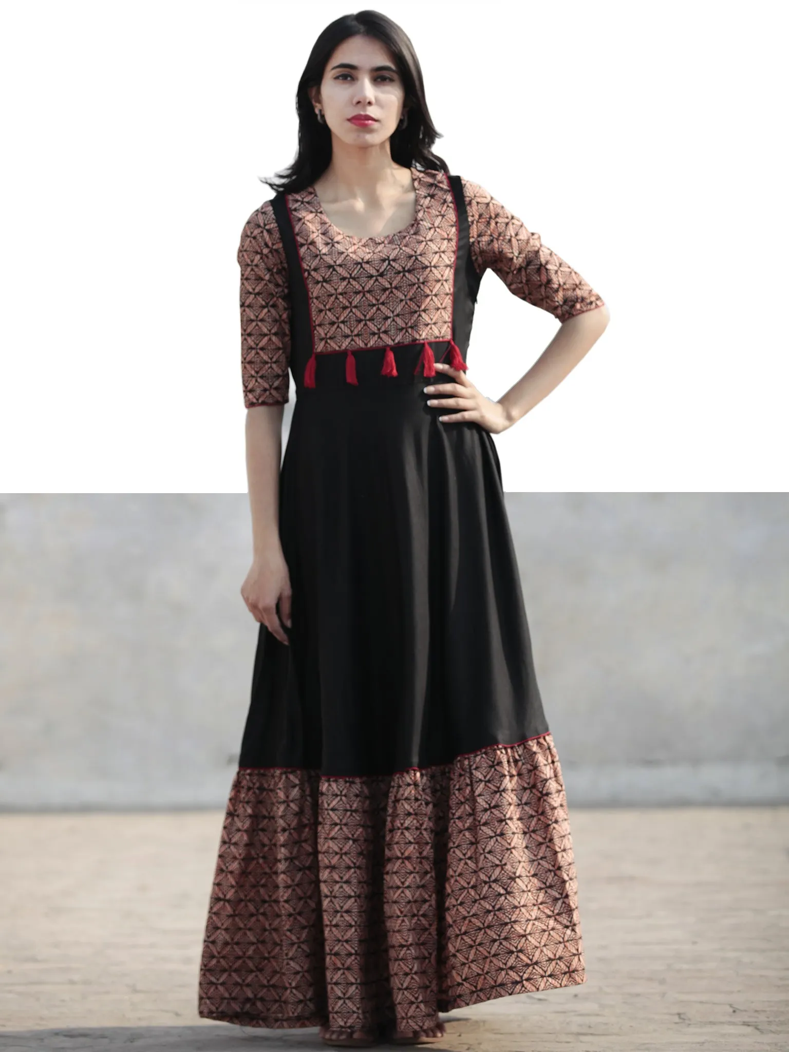 Black Beige Red Orange Hand Blocked Long Cotton And Rayon Dress With Tassel Details - D181F1075