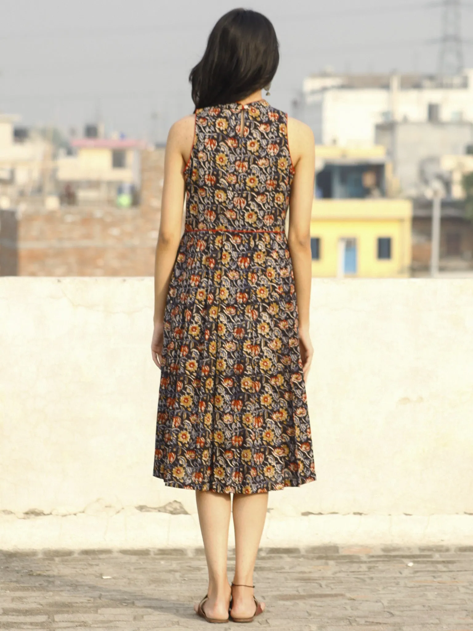 Black Blue Mustard Ivory Red Hand Block Printed Sleeveless Cotton Dress With Stand Collars and Knife Pleats- D72F595