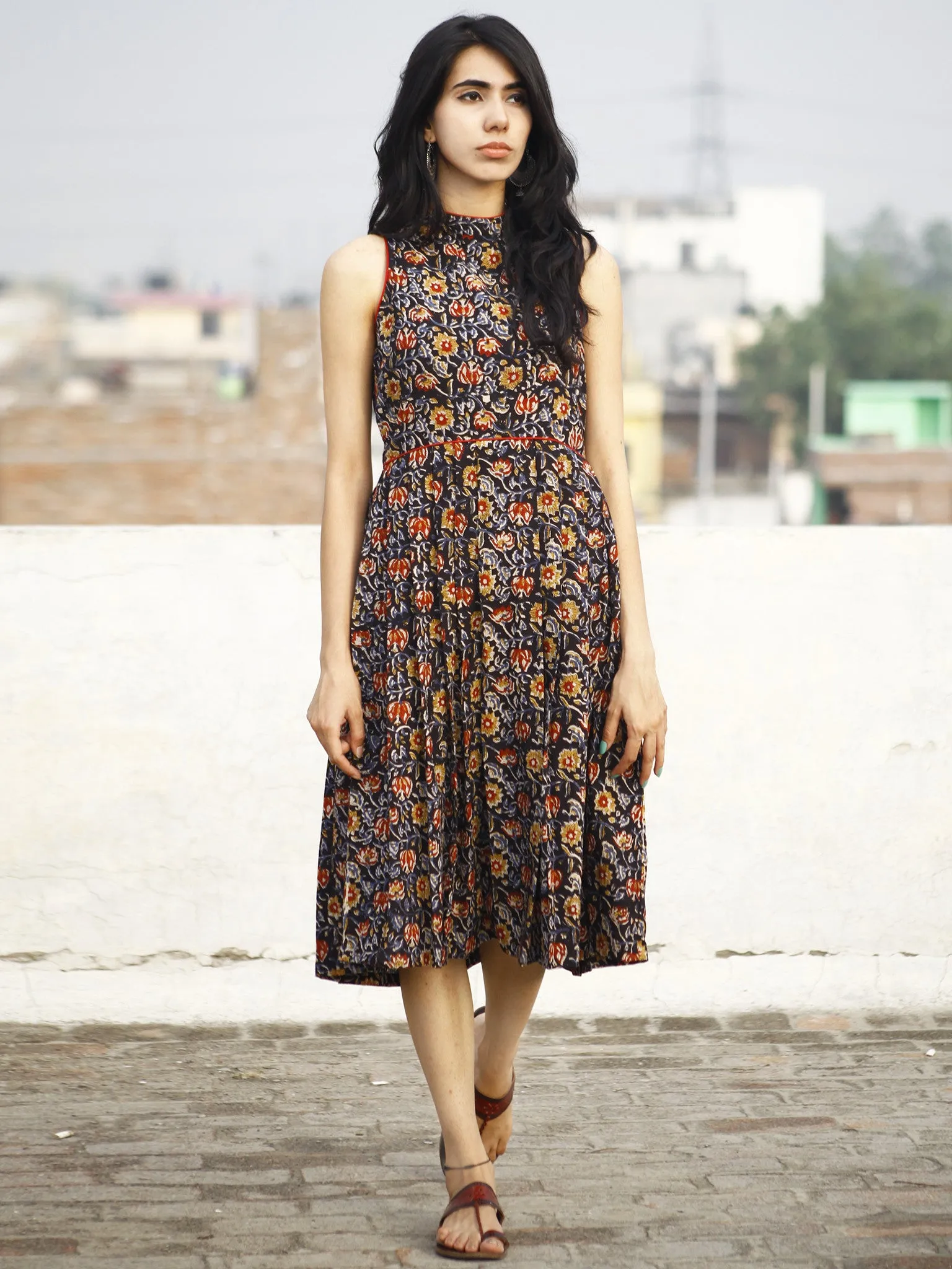 Black Blue Mustard Ivory Red Hand Block Printed Sleeveless Cotton Dress With Stand Collars and Knife Pleats- D72F595