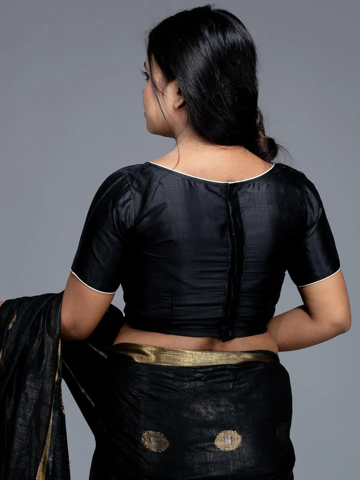 Black Boat Neck Bishnupuri Katan Silk Blouse