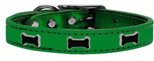 Black Bone Widget Genuine Metallic Leather Dog Collar Emerald Green 12