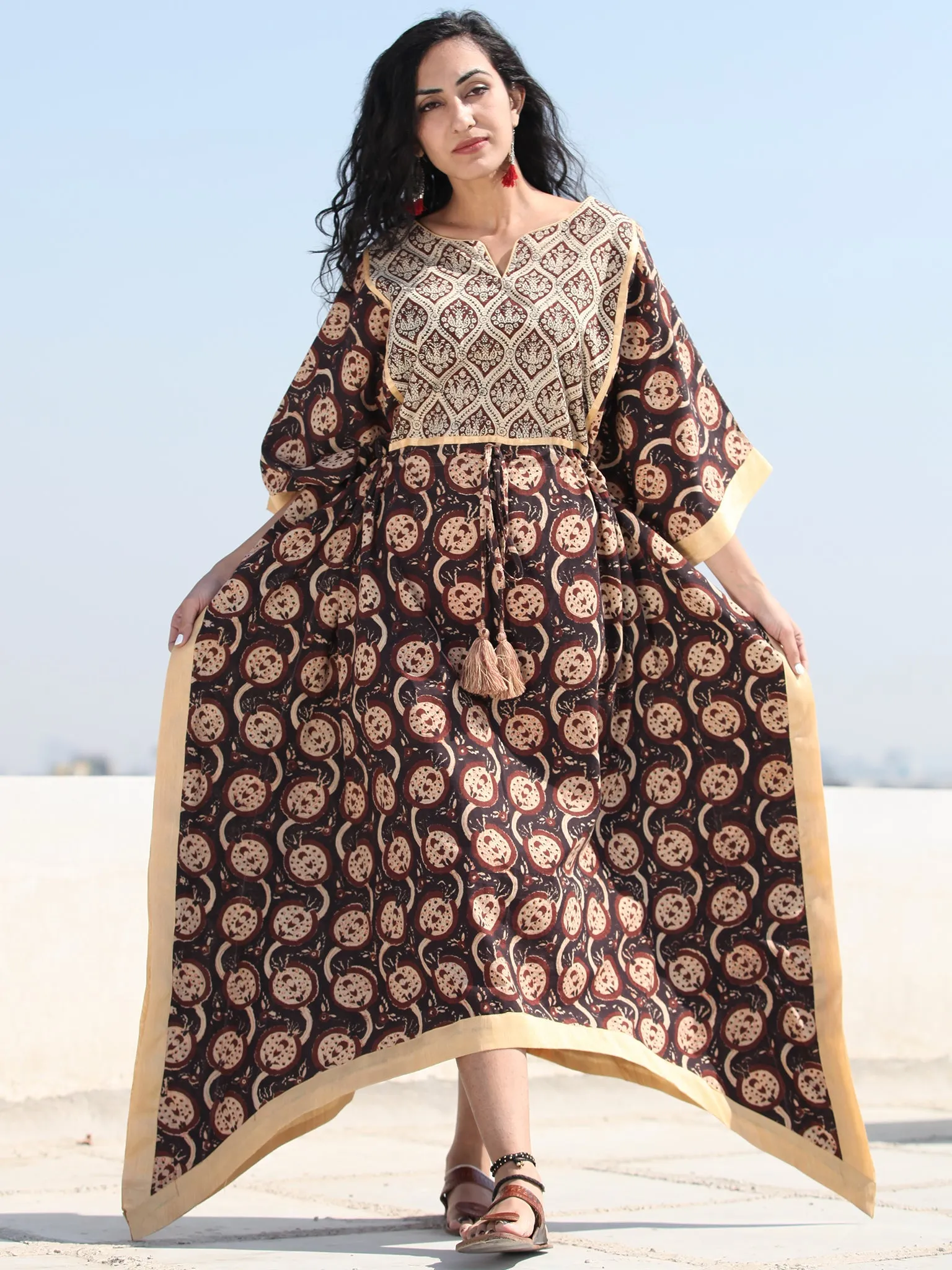 Black Brown Hand Block Printed C Cut Kaftan - K141F1361