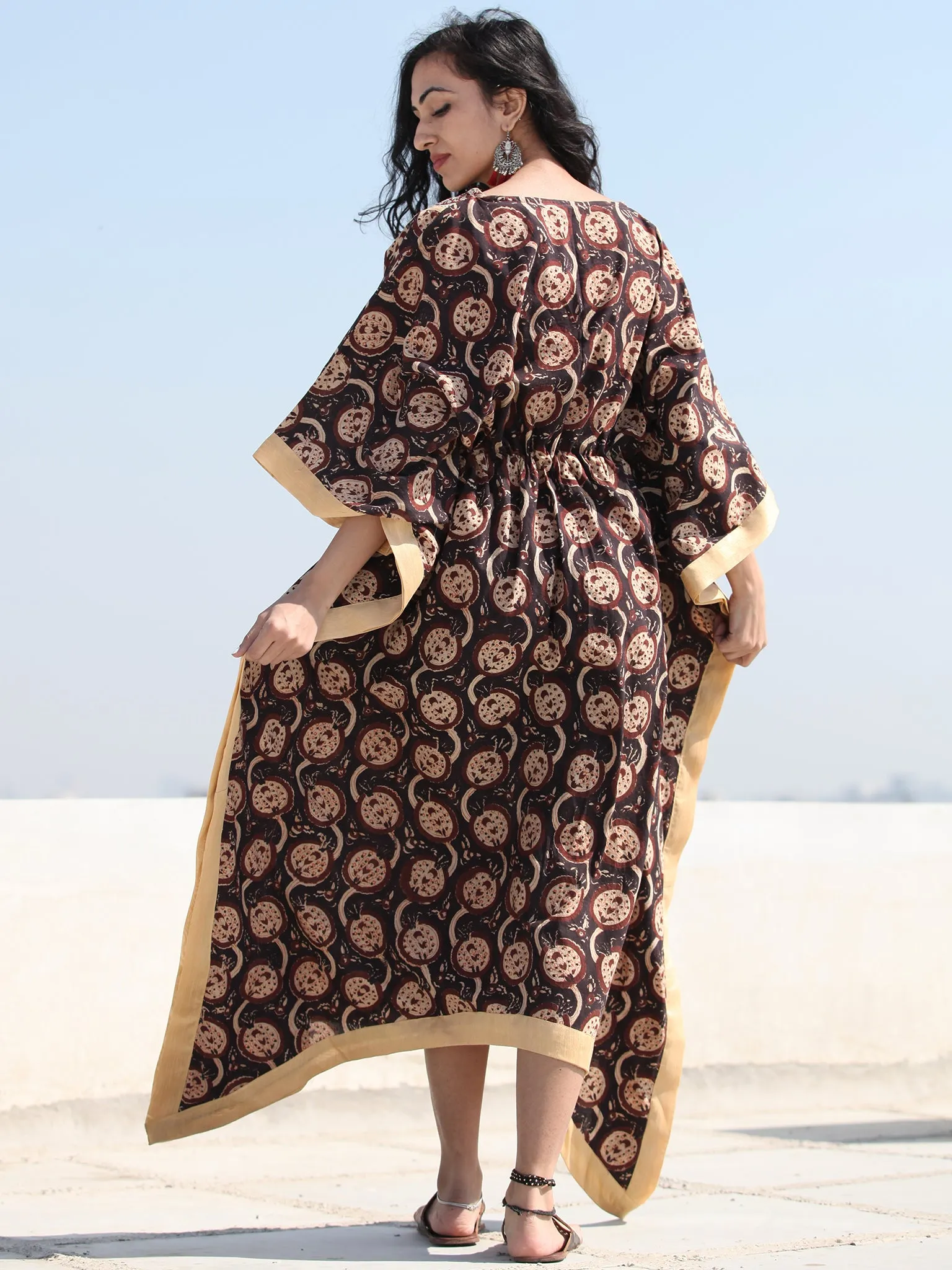 Black Brown Hand Block Printed C Cut Kaftan - K141F1361