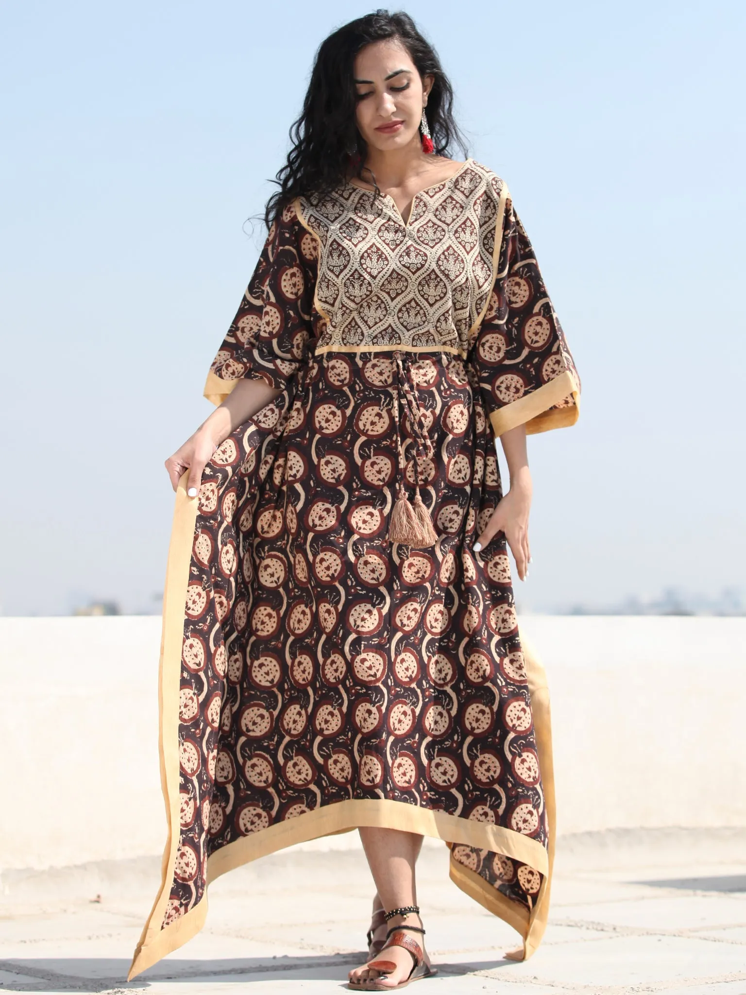 Black Brown Hand Block Printed C Cut Kaftan - K141F1361