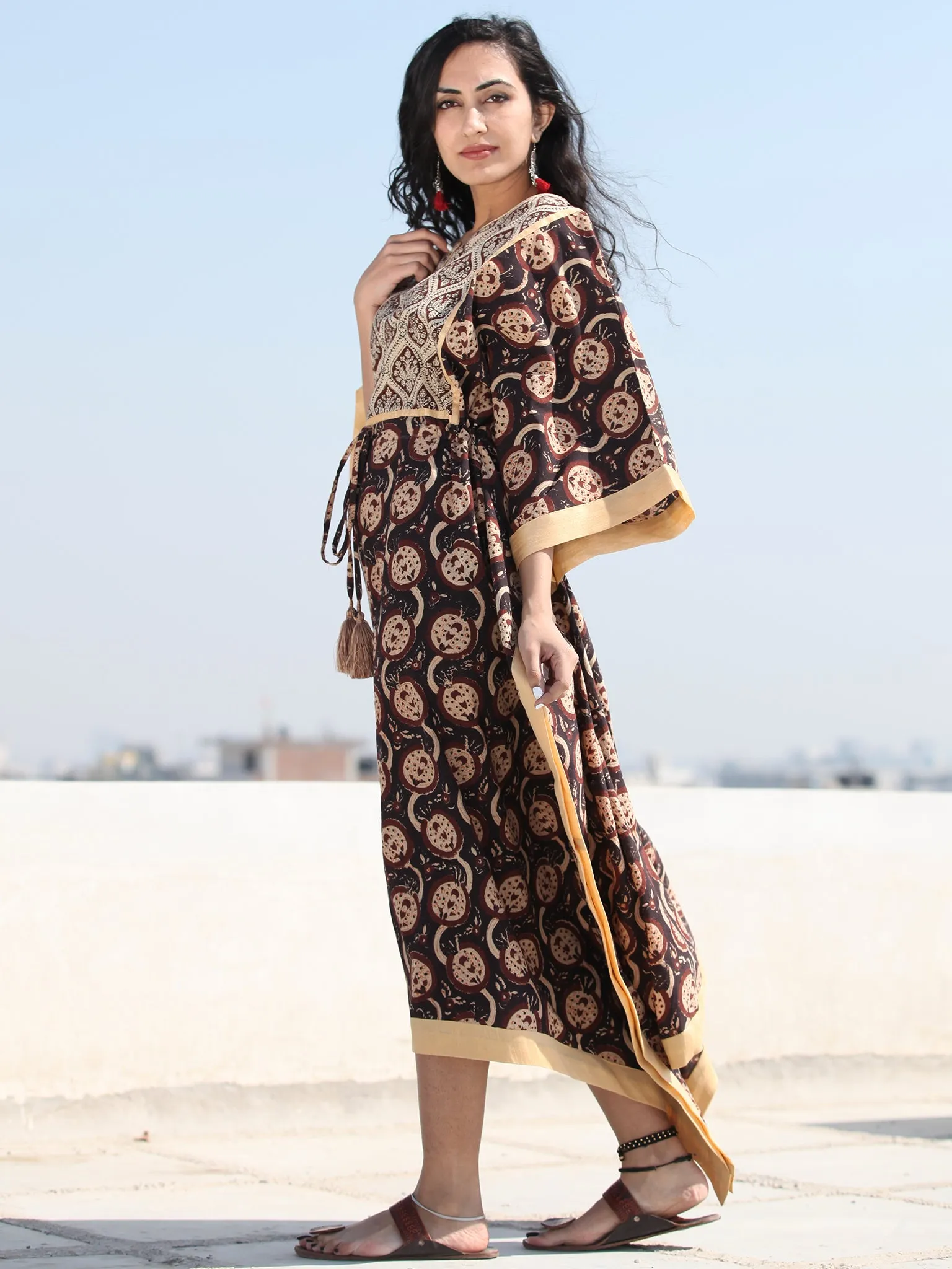 Black Brown Hand Block Printed C Cut Kaftan - K141F1361