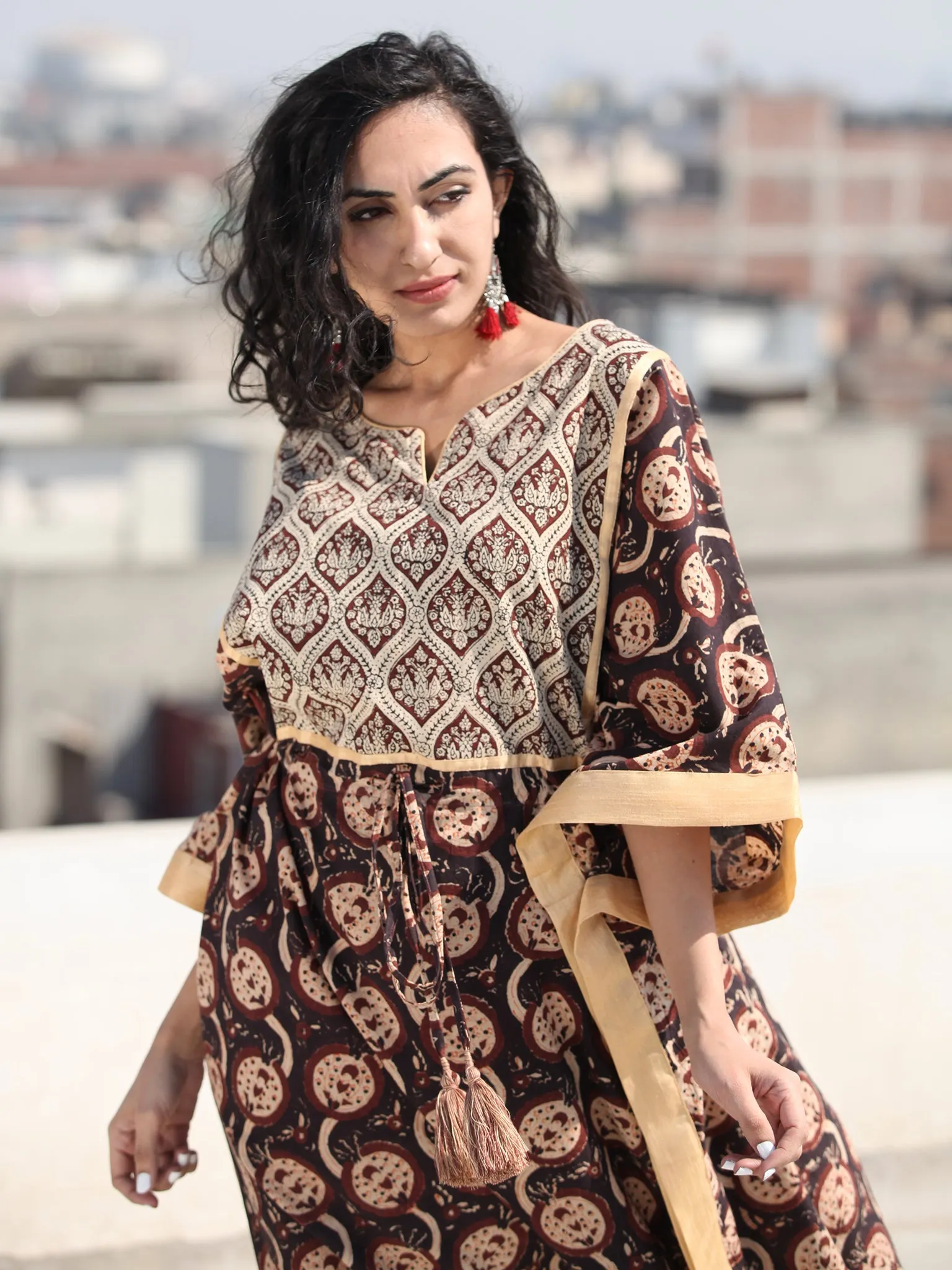 Black Brown Hand Block Printed C Cut Kaftan - K141F1361