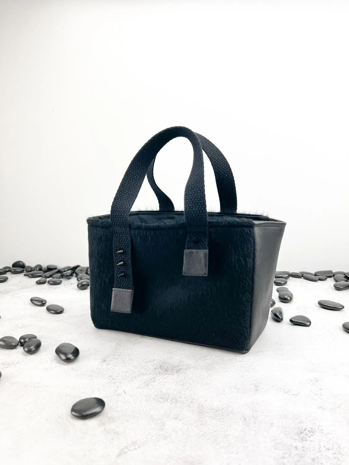 Black Brushed Wool and Lambskin Panel Mini Tote Bag BAGG00086