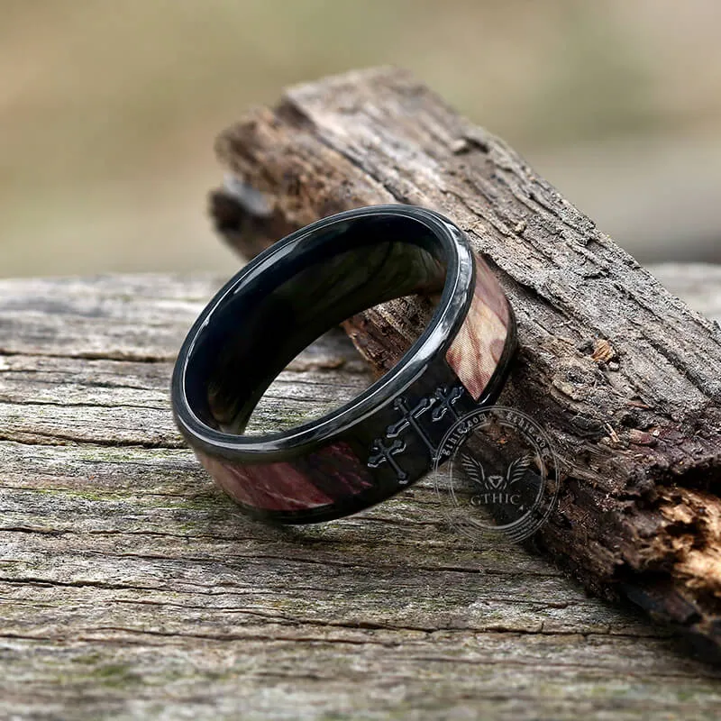 Black Camo Cross Titanium Band Ring