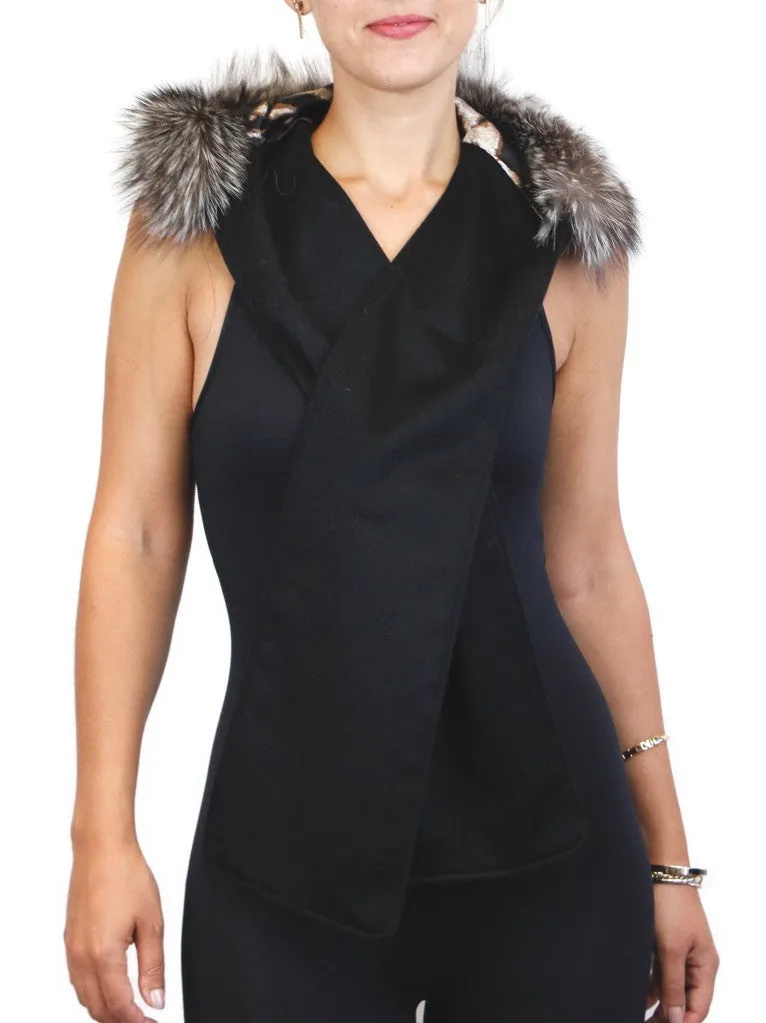 BLACK CASHMERE SCARF W/ SILVER FOX FUR HOOD, HOODED SCARF