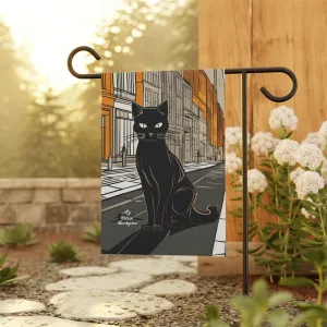 Black Cat in the City, Garden Flag for Yard, Patio, Porch, or Work, 12"x18" - Flag only