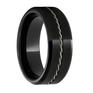 Black Ceramic Beveled Edge Band with a 1mm Twisted Sterling Silver Inlay and Satin Finish