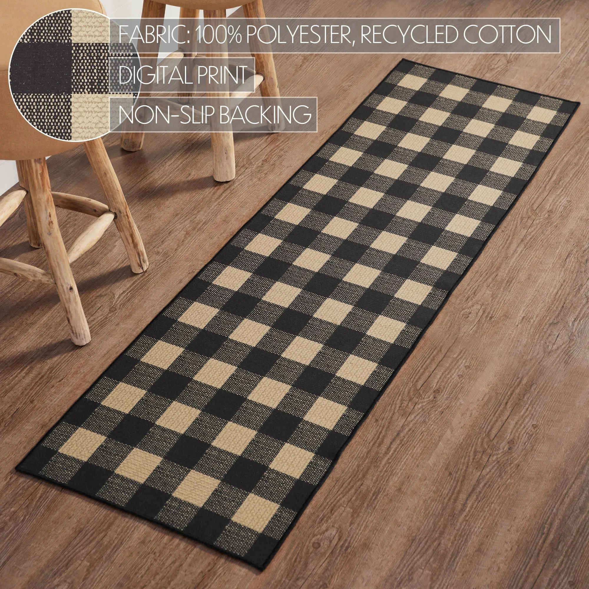 Black Check Polyester Rug/Runner Rect 22x78