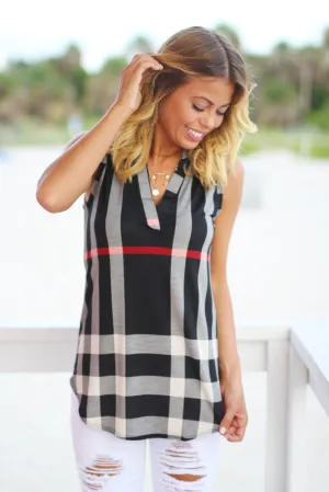 Black Check Print Sleeveless Top