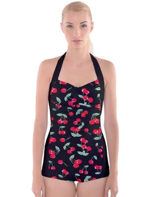 Black Cherries Boyleg Halter Swimsuit