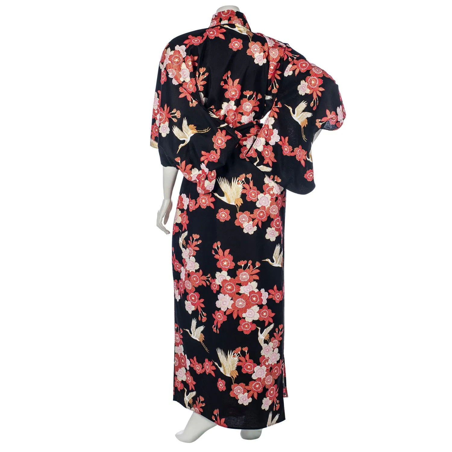 Black Cherry Blossom and Crane Japanese Kimono