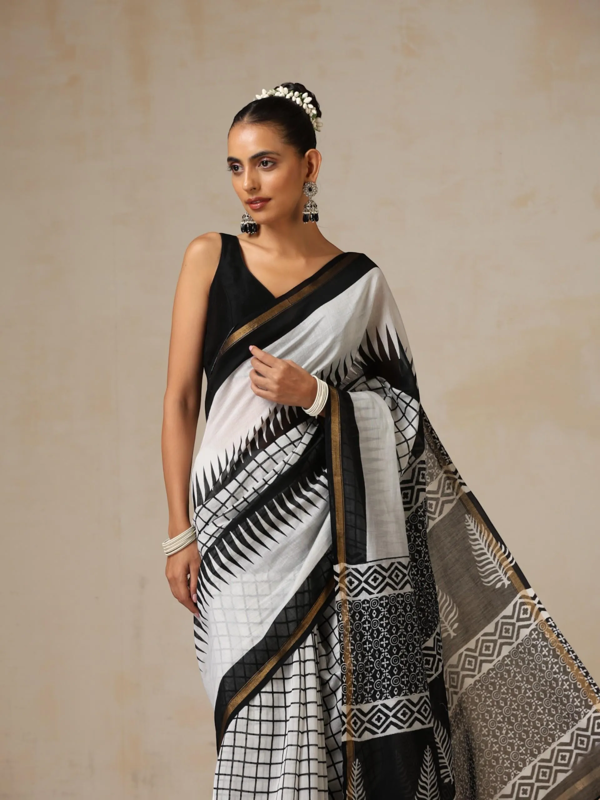 Black Chevron Pure Chanderi Silk Cotton Hand Printed Saree with Blouse Fabric