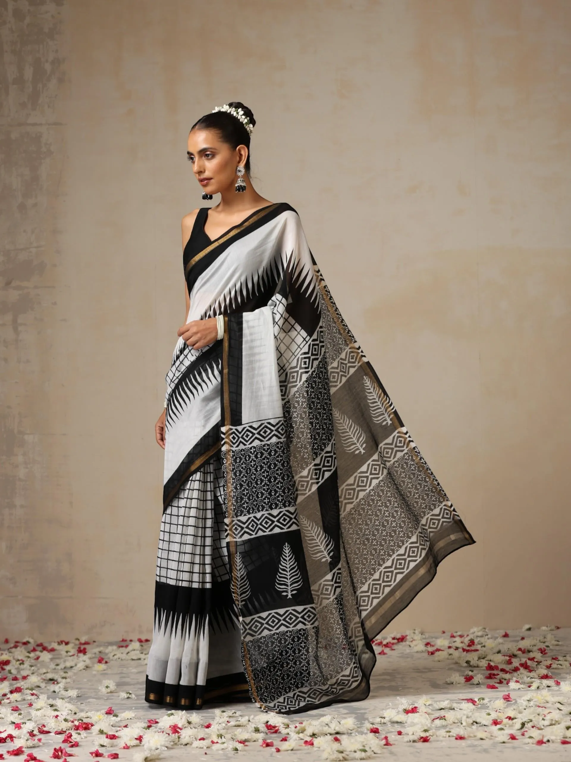 Black Chevron Pure Chanderi Silk Cotton Hand Printed Saree with Blouse Fabric