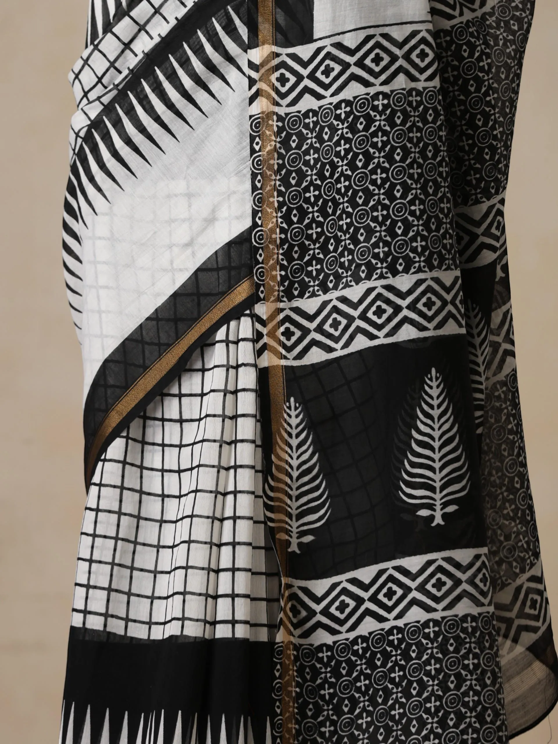 Black Chevron Pure Chanderi Silk Cotton Hand Printed Saree with Blouse Fabric