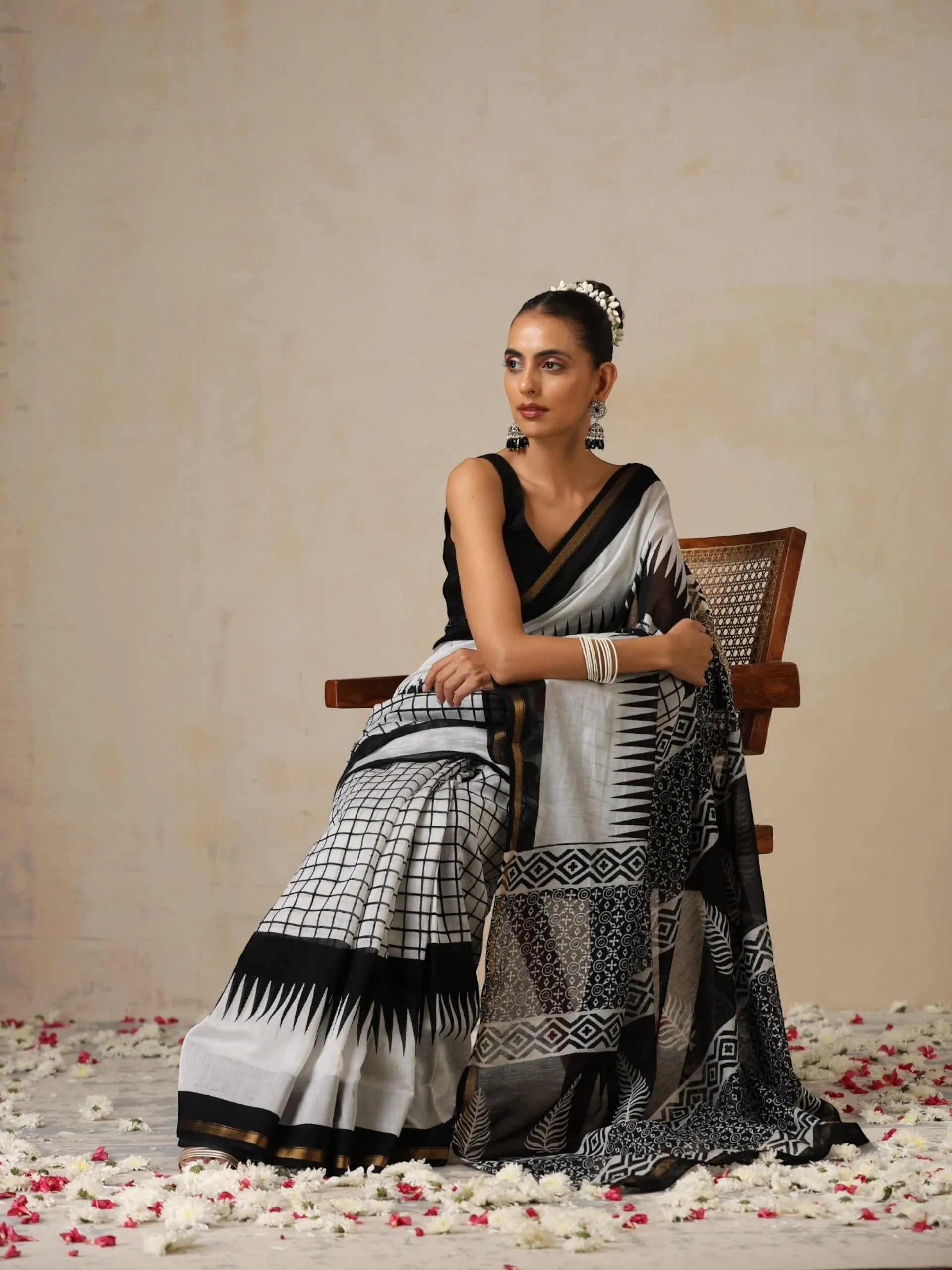 Black Chevron Pure Chanderi Silk Cotton Hand Printed Saree with Blouse Fabric