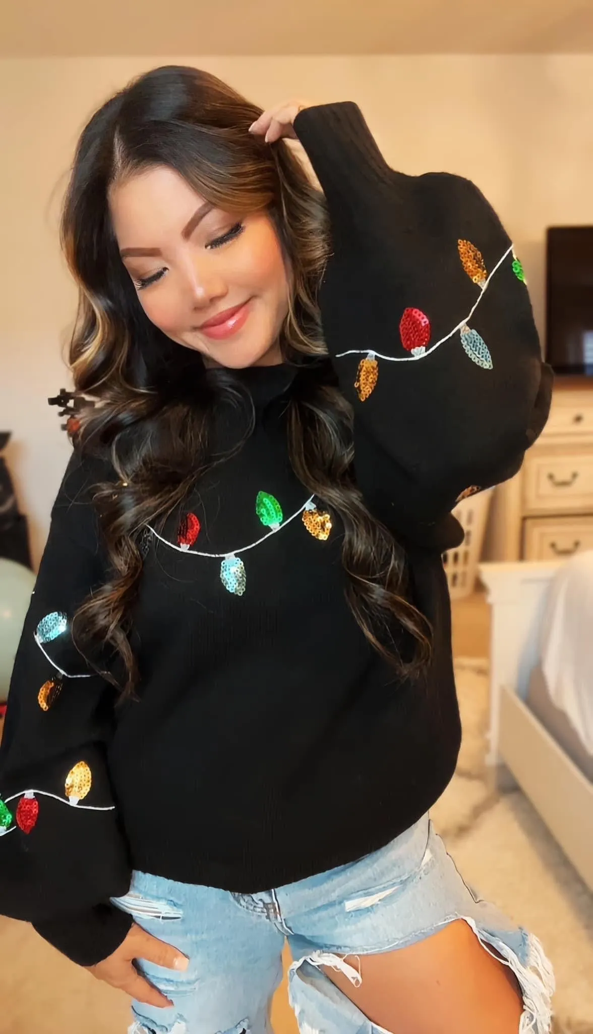 Black Christmas Lights Sequin Sweater