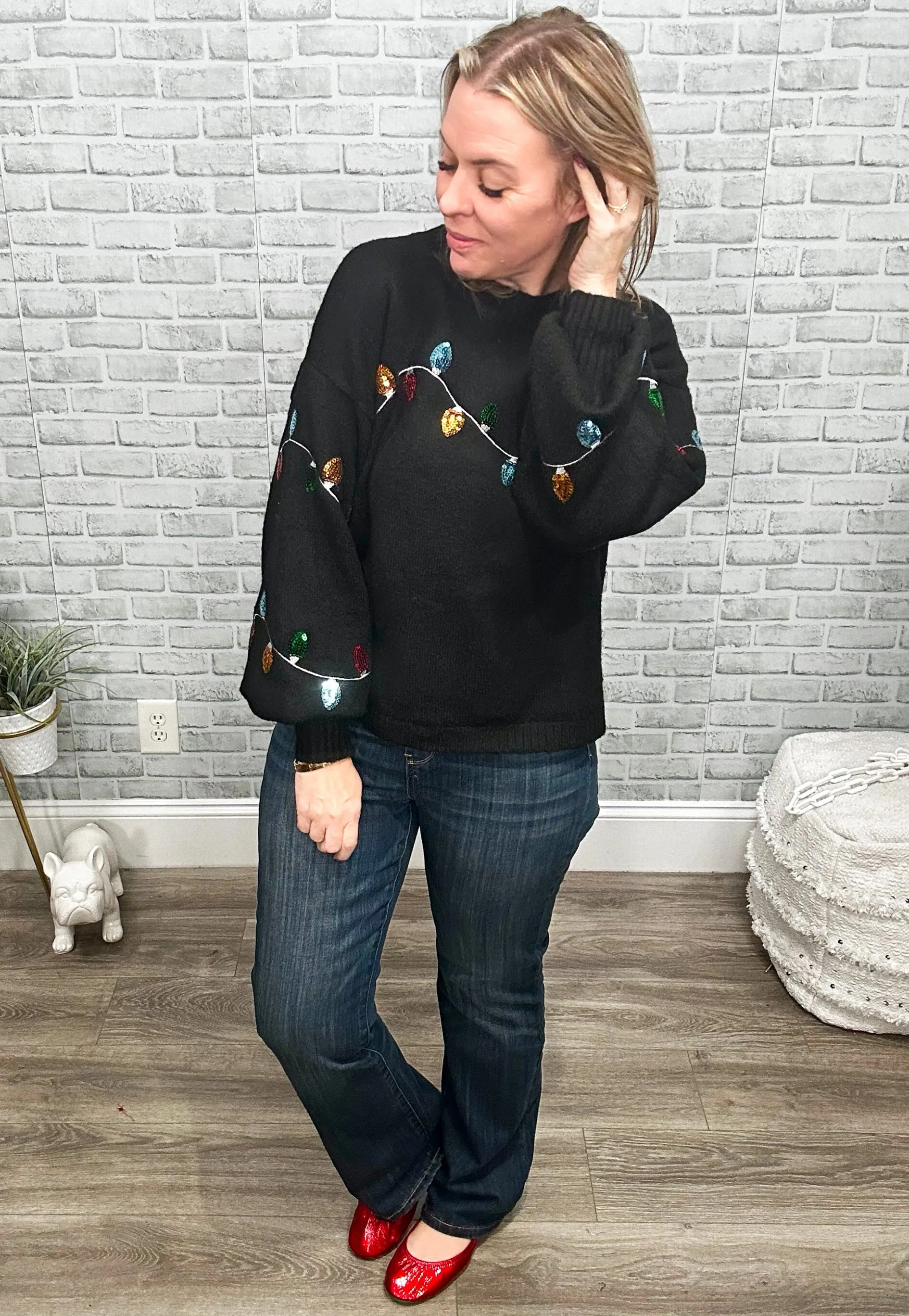 Black Christmas Lights Sequin Sweater