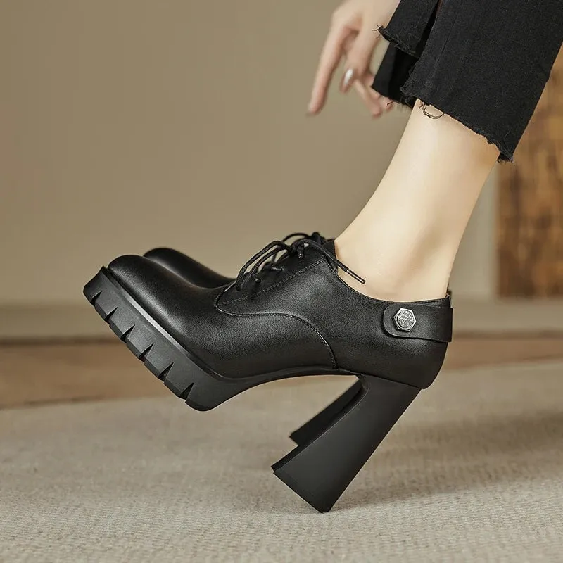 Black Chunky Lace-up Front High Heel Shoes