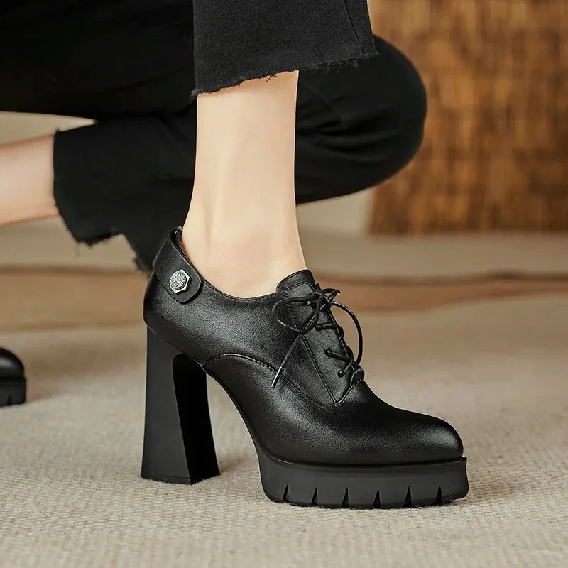 Black Chunky Lace-up Front High Heel Shoes