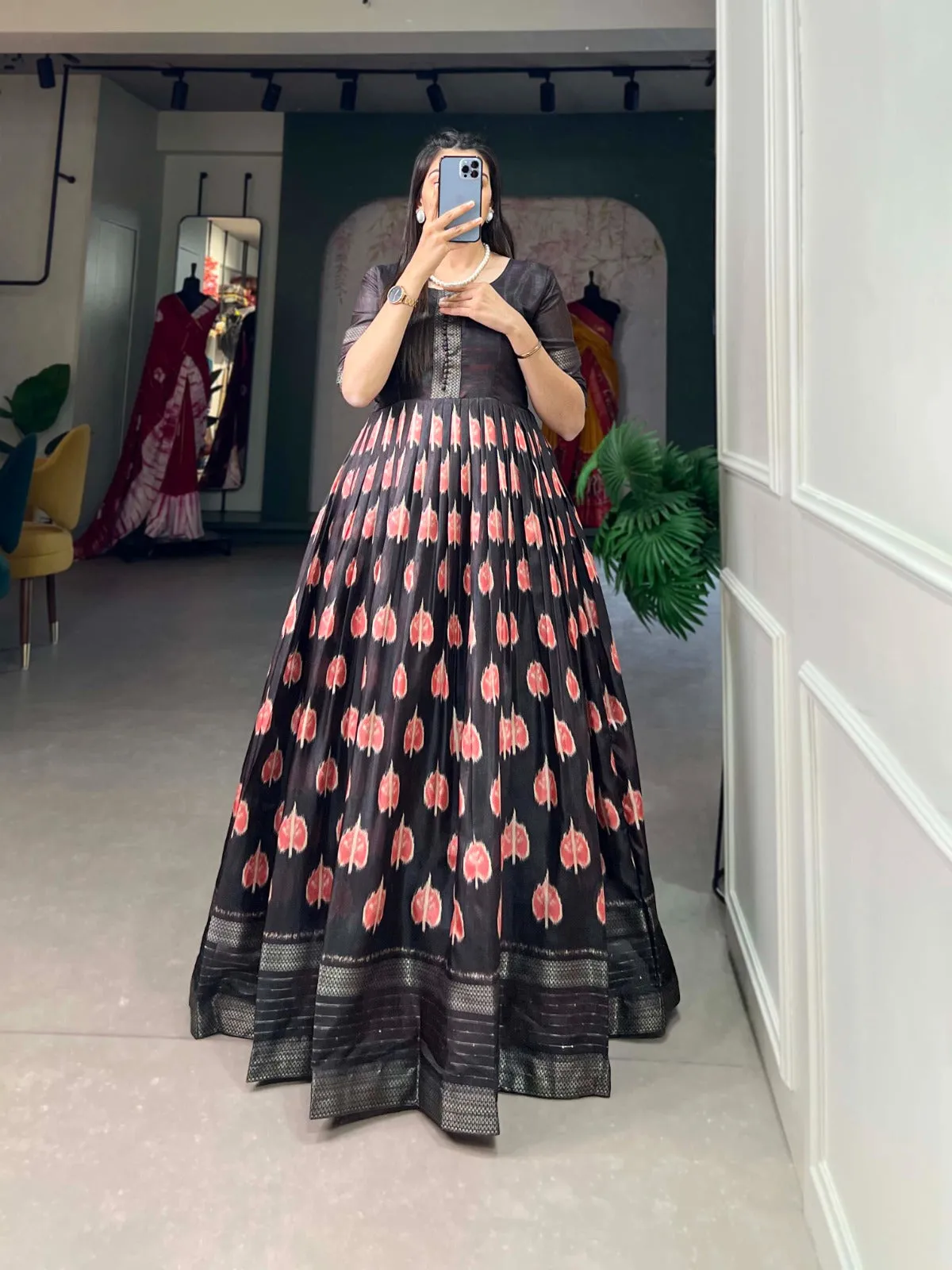 Black Color Dola Silk Printed Gown with Exquisite Zari Border