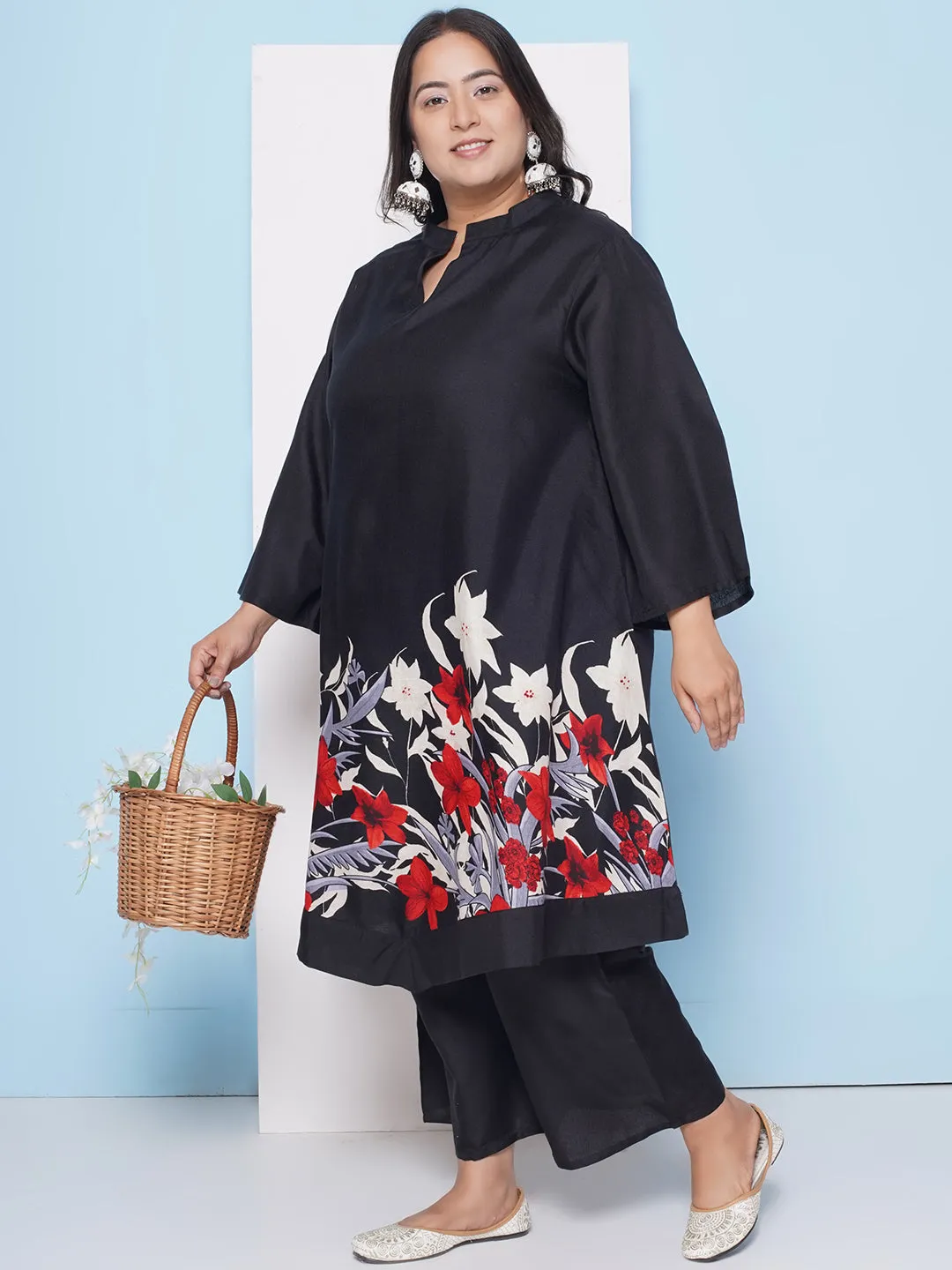 Black Color Folarl Printed kurta with Black pant