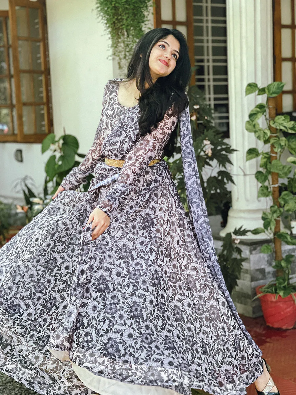 Black Color Printed Georgette Gown