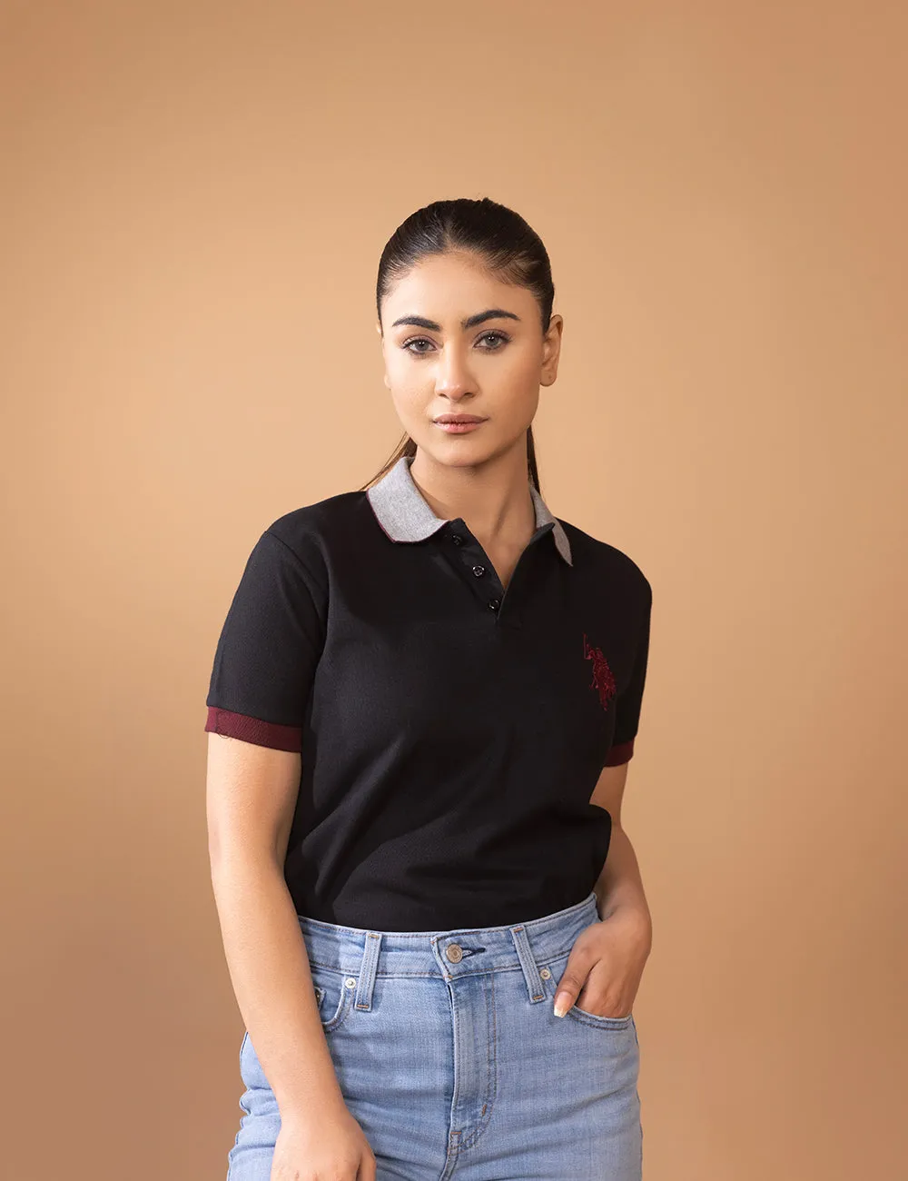 Black Contrast Collar Women Polo Shirt