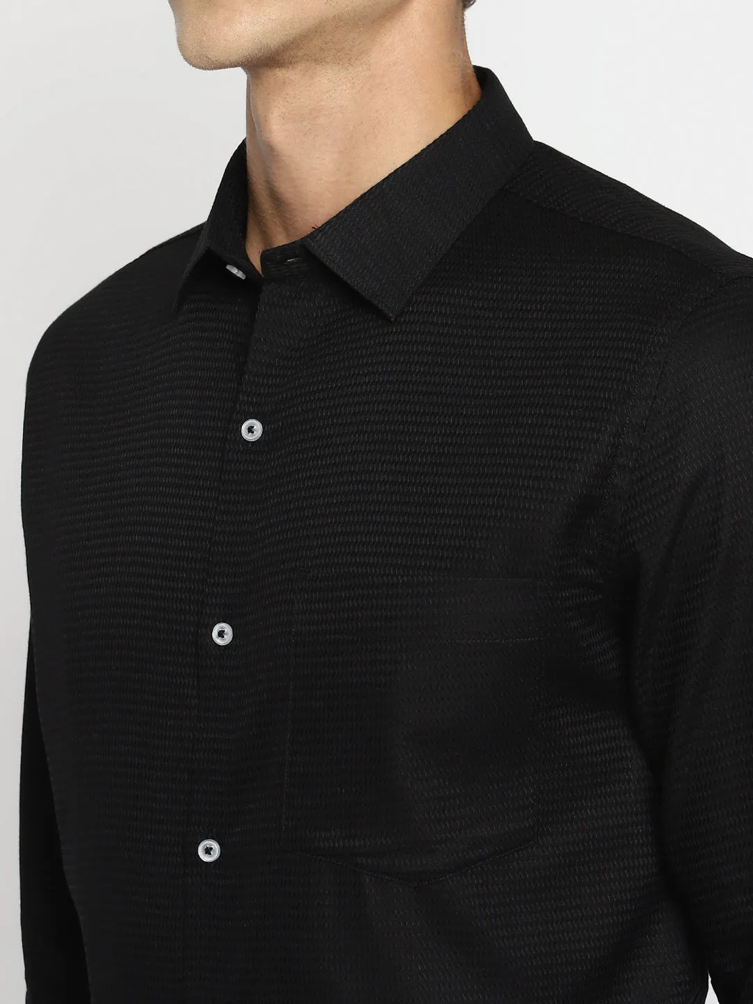 Black Cotton Self Design Slim Fit Formal Shirt