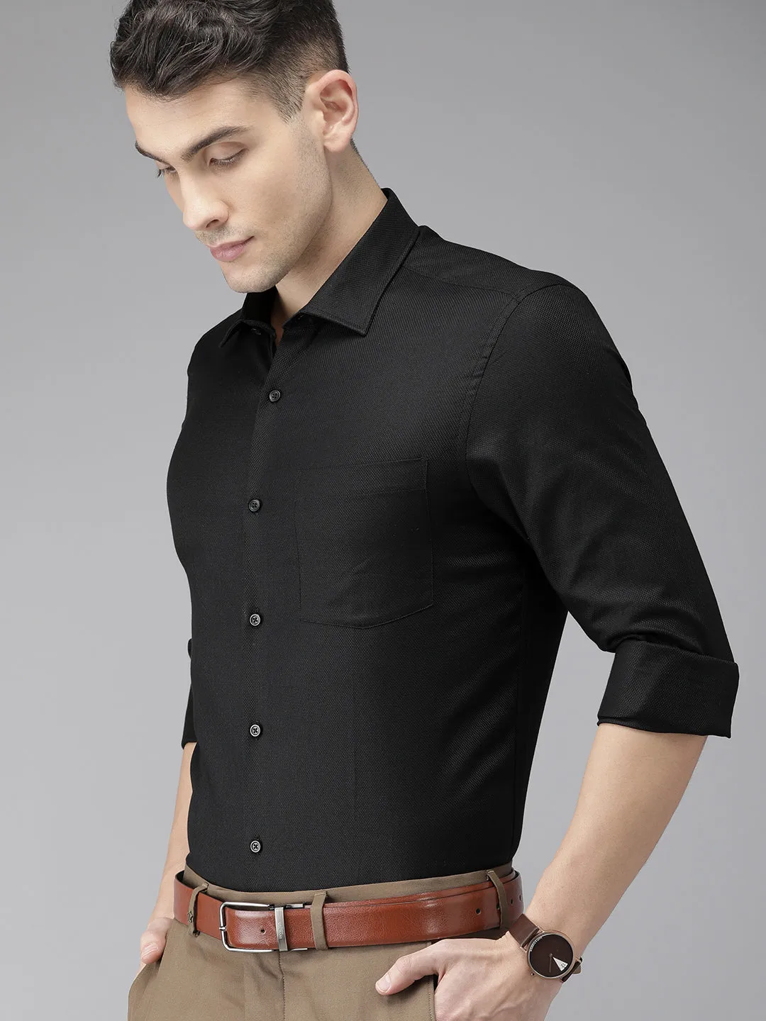 Black Cotton Self Design Slim Fit Shirts