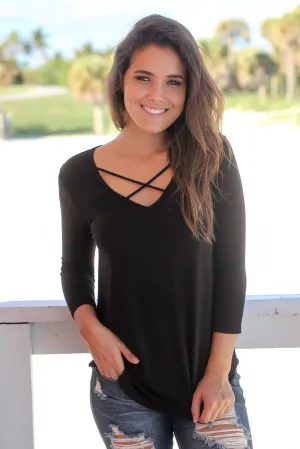 Black Criss Cross Detail Top with 3/4 Sleeves