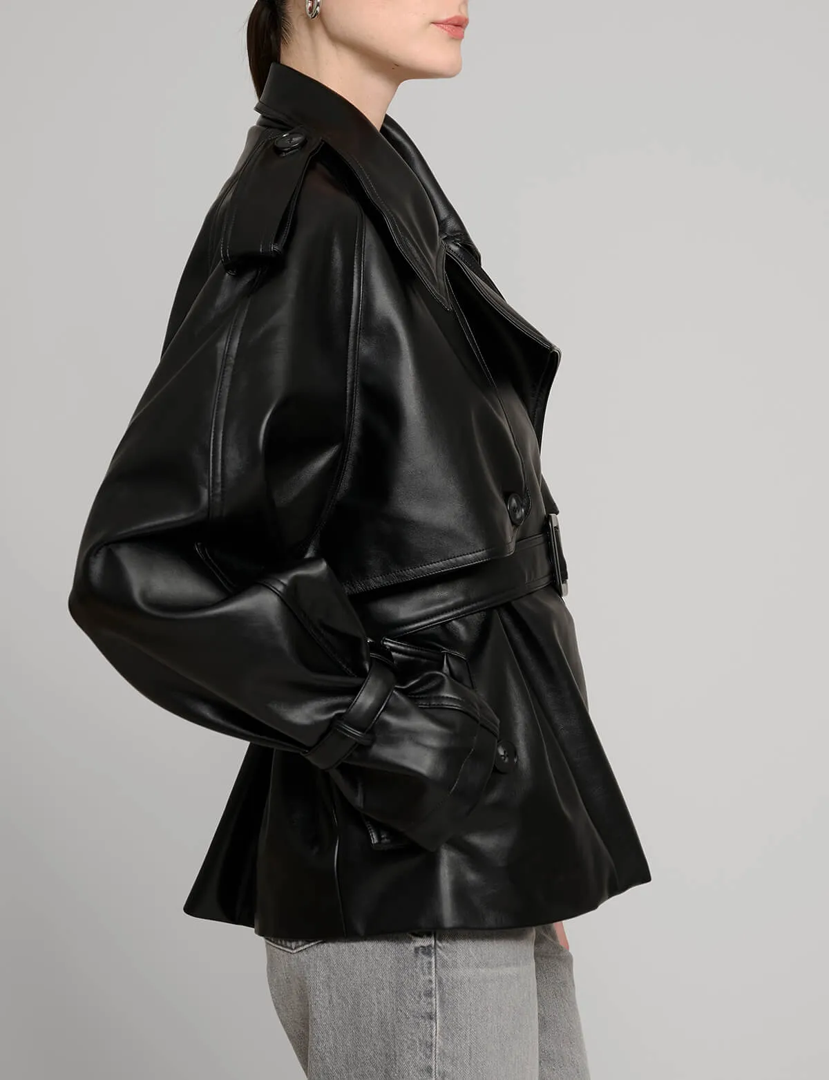 Black Cropped Leather Trench