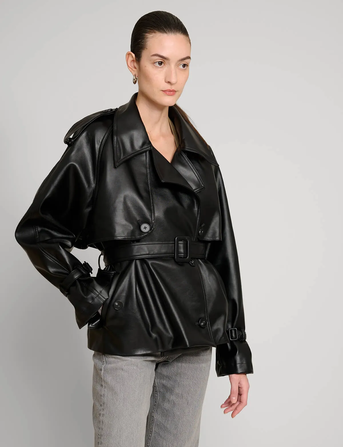 Black Cropped Leather Trench