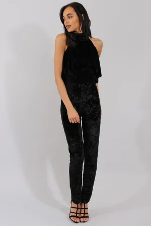 Black Crushed Velvet Frill Choker Jumpsuit - Blaire