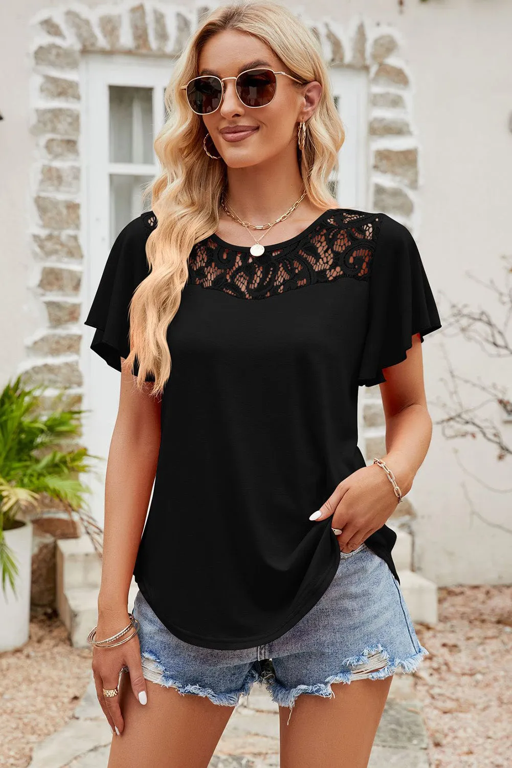 Black Cut Out Lace Patchwork Flutter Sleeve Blouse