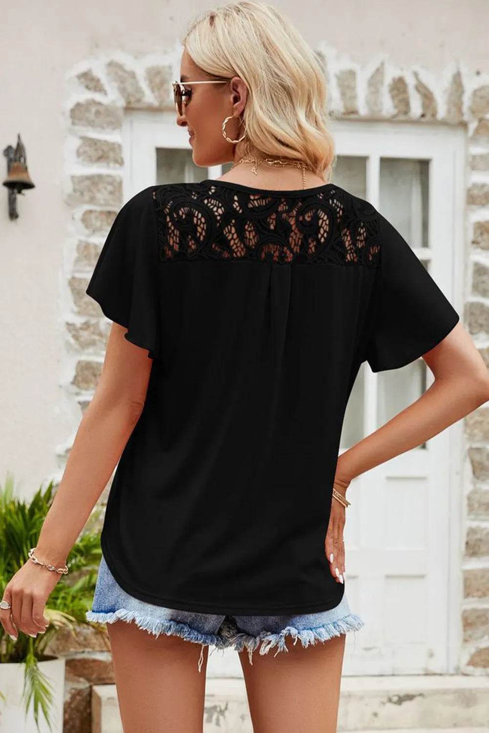 Black Cut Out Lace Patchwork Flutter Sleeve Blouse